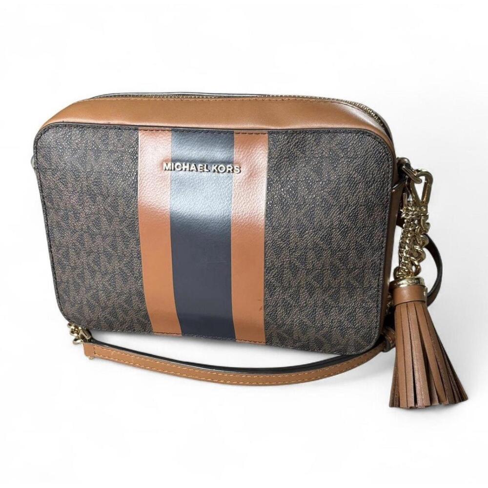 Michael Kors Jet Set Medium Logo Stripe Crossbody Bag Navy Blue/Acorn